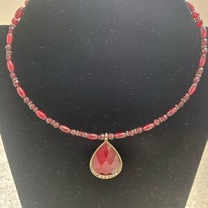 Red Beaded Necklace with Teardrop Pendant